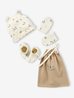 Ensemble naissance bonnet + moufles + chaussons + pochon