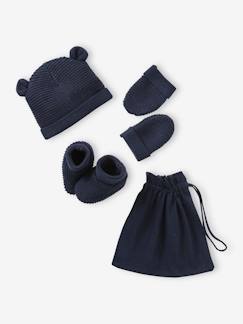 Ensemble bonnet, moufles et chaussons bébé naissance et son sac assorti