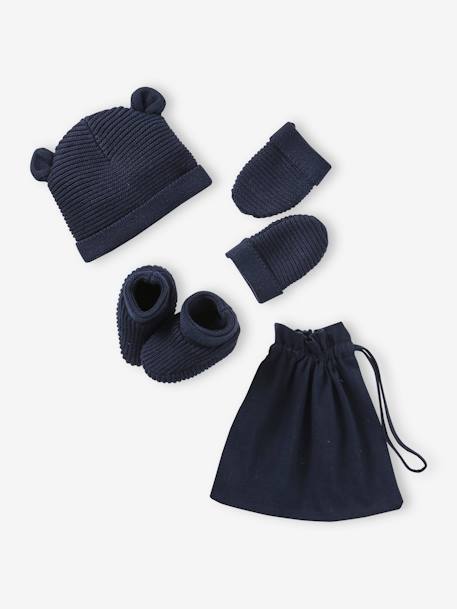 Ensemble bonnet, moufles et chaussons bébé naissance et son sac assorti bleu grisé+écru+marine 