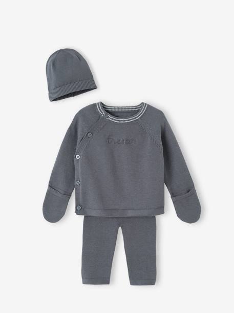 Ensemble en tricot bébé cardigan + legging + bonnet gris ardoise+mauve 