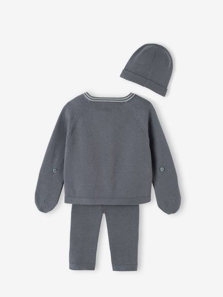 Ensemble en tricot bébé cardigan + legging + bonnet gris ardoise+mauve 
