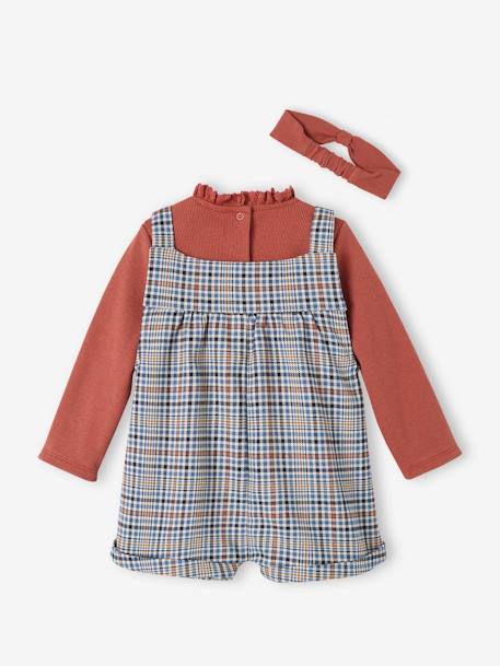 Ensemble bébé salopette courte à carreaux, T-shirt en côtes uni et son bandeau assorti vieux rose 