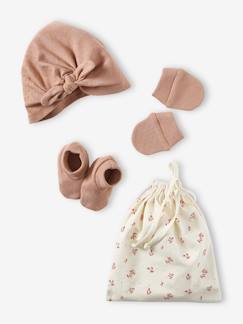 Ensemble naissance fille bonnet + moufles + chaussons + pochon