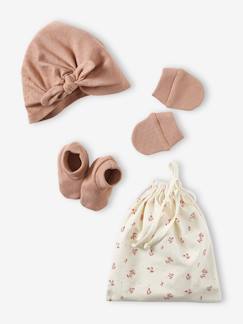 Praktische Sets-Baby-Accessoires-Mütze, Schal, Handschuhe-Mädchen Baby-Set aus Strick: Mütze, Fäustlinge & Schühchen Oeko-Tex