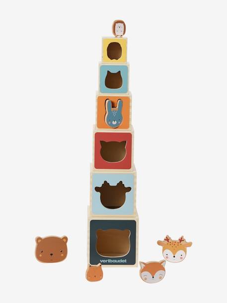 Baby Stapelturm mit Steckspiel aus Holz FSC® beige+grün+rot 