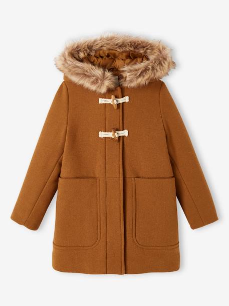 Duffle-coat à capuche en drap de laine fille fermeture par brandebourgs camel+encre 
