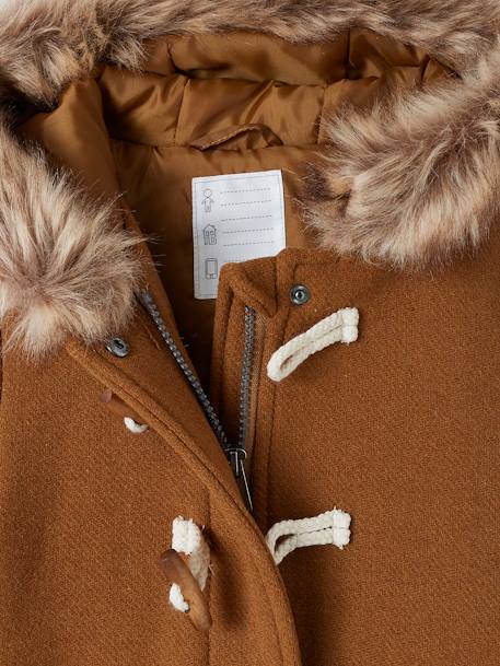 Duffle-coat à capuche en drap de laine fille fermeture par brandebourgs camel+encre 