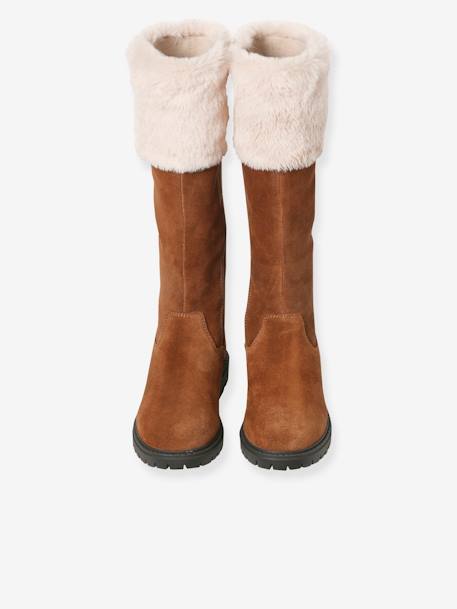 Bottes cavalières fourrées zippées cuir fille marron 