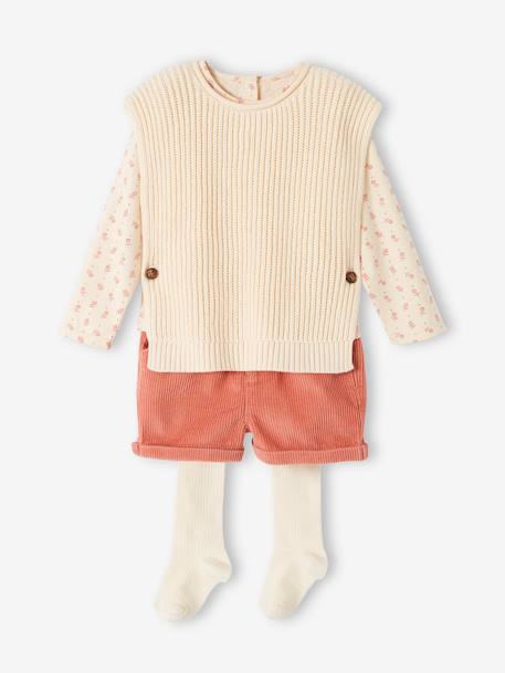 Mädchen Baby-Set: Shirt, Shorts, Pullunder & Strumpfhose altrosa 