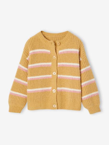 Gilet rayé en maille chenille fille curry+écru 