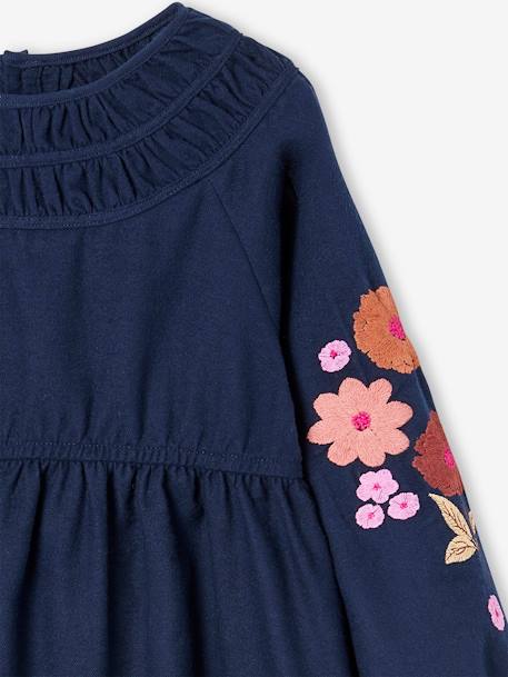 Robe manches longues brodées fleurs fille bleu nuit 