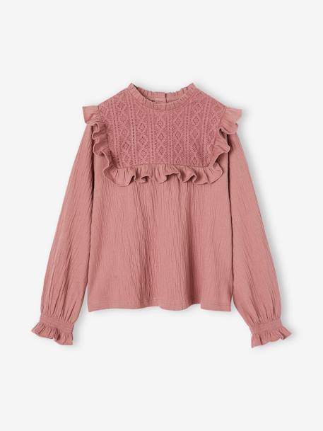 T-shirt blouse fantaisie fille maille texturée bois de rose 