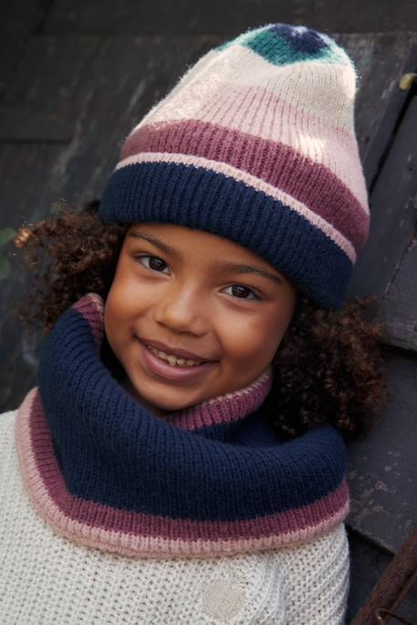 Ensemble bonnet + snood + gants ou moufles colorblock fille marine 