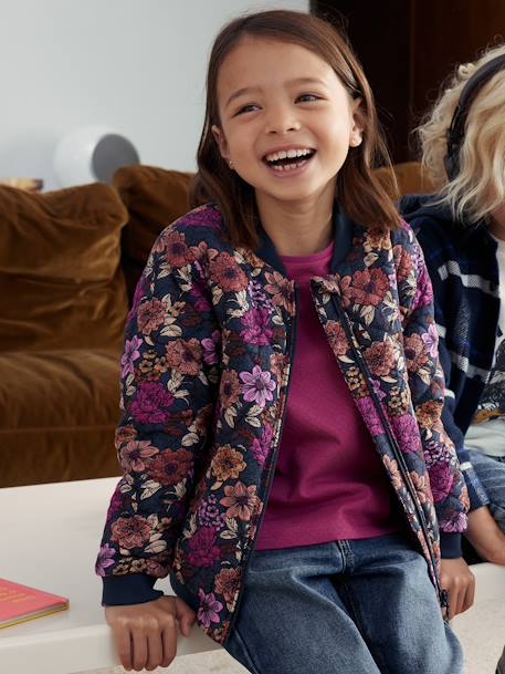 Blouson matelassé style bomber motifs fleurs fille bleu nuit 