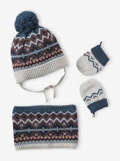 Bébé-Accessoires-Bonnet, écharpe, gants-Ensemble bébé garçon bonnet + snood + moufles maille jacquard