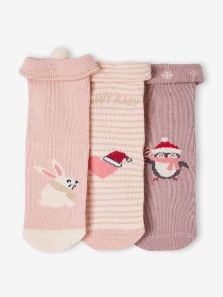 Coffret de Noël 3 paires de chaussettes bébé fille vieux rose 