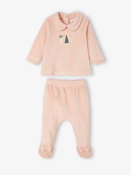 Pyjama de Noël bébé 2 pièces en velours rose poudré 