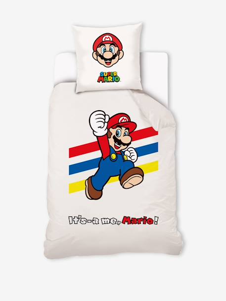 Parure housse de couette + taie d'oreiller enfant Super Mario® et Luigi blanc 