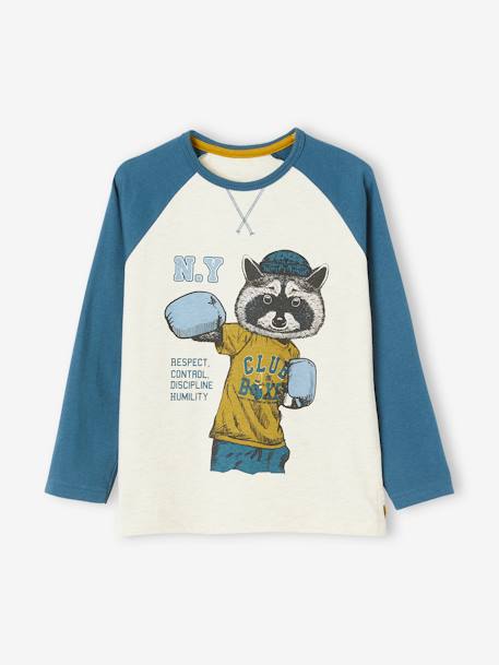 Tee-shirt sport motif raton boxeur garçon manches raglan écru chiné 