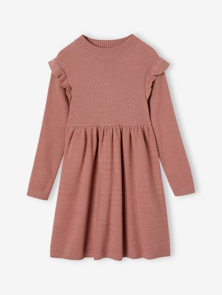 Robe à volants en tricot fille bleu nuit+bois de rose 