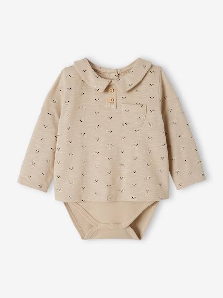 Langärmeliger Baby Shirtbody mit Polokragen graubeige 