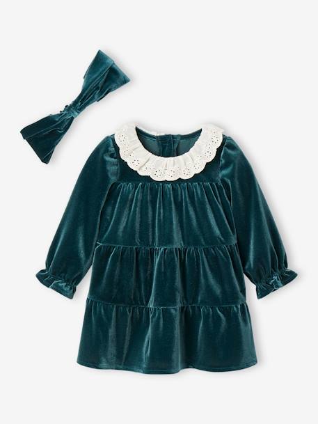 Coffret cadeau de Noël robe velours + bandeau bébé fille vert émeraude 