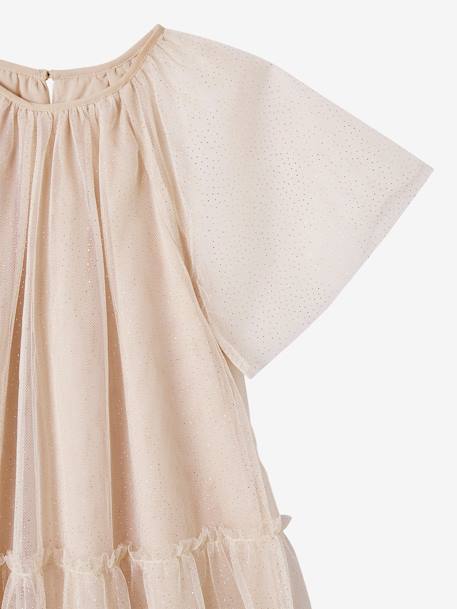 Robe cérémonie en tulle à paillettes fille manches papillon beige poudré+écru 