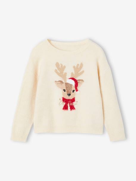 Coffret de Noël pull jacquard 'Renne' + 1 chouchou fille écru 