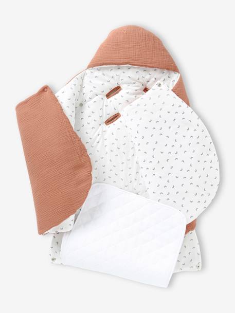 2-in-1 Baby Ausfahrsack/Wickelunterlage, Musselin beige bedruckt+cappuccino+GRÜN+terrakotta+wollweiß 