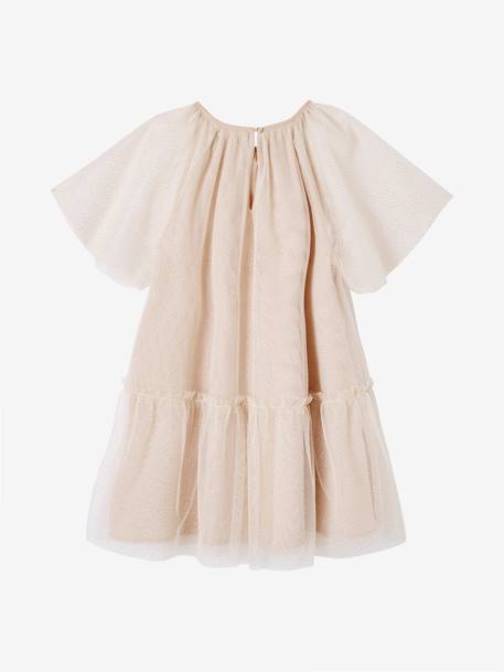 Robe cérémonie en tulle à paillettes fille manches papillon beige poudré+écru 