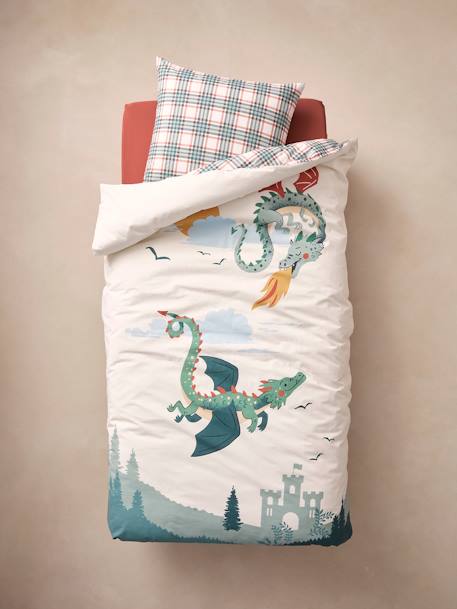 Parure fourre de duvet + taie d'oreiller DRAGONS blanc imprimé 