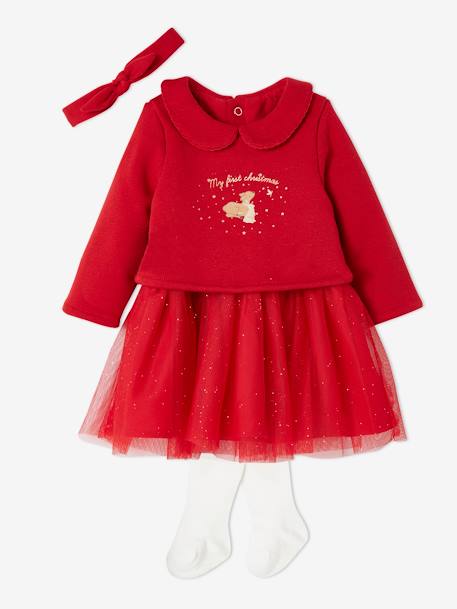 Weihnachtliches Baby-Set: Kleid, Haarband & Strumpfhose rot 
