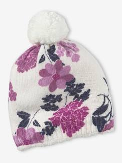 Fille-Accessoires-Bonnet, écharpe, gants-Bonnet fille en maille fine imprimé fleurs