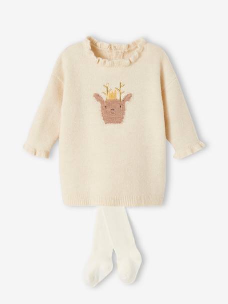 Ensemble de Noël bébé robe en tricot motif renne + collant écru 