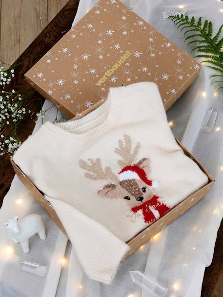 Coffret de Noël pull jacquard 'Renne' + 1 chouchou fille écru 