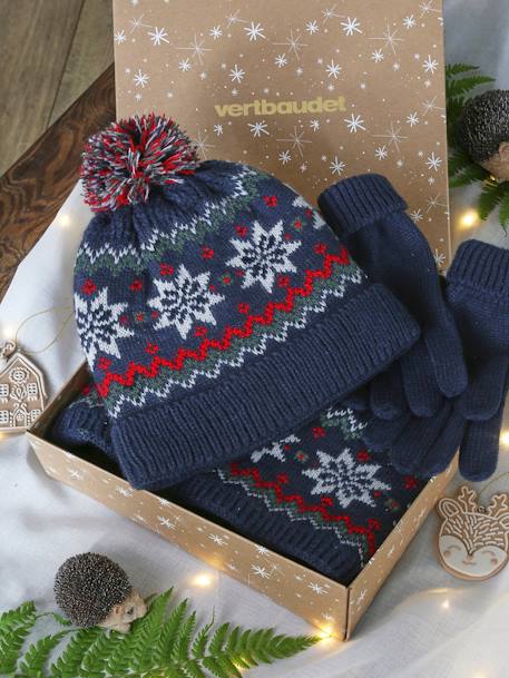 Coffret de Noël 'flocon' garçon ensemble bonnet snood et gants marine 