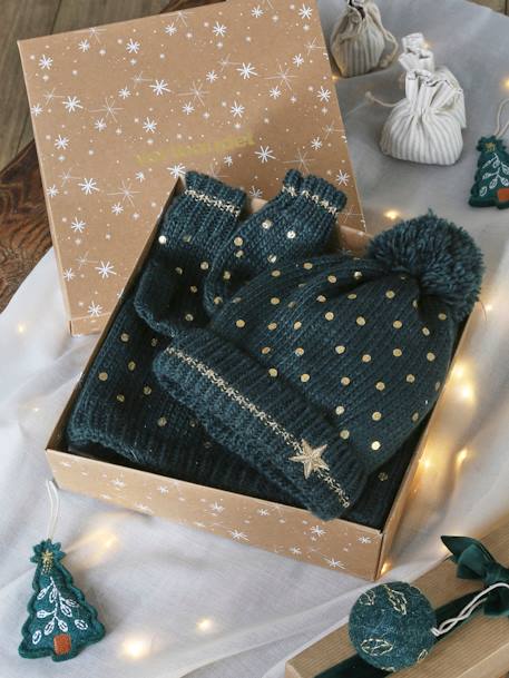 Coffret de Noël 'Etoile' fille ensemble bonnet + snood + gants vert 