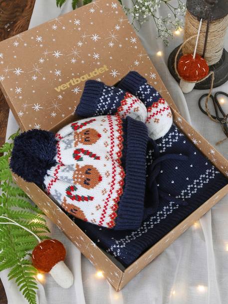 Coffret de Noël 'Renne' bébé garçon ensemble bonnet + snood + moufles marine 