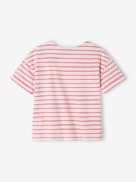 Tee-shirt marinière personnalisable fille manches courtes denim brut+rayé rose 