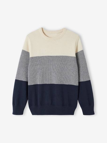 Pull colorblock garçon maille fantaisie bleu nuit 