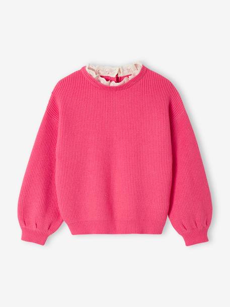 Weiter Mädchen Pullover mit Kragen bonbon rosa+puderbeige 