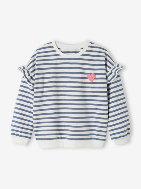 Mädchen Ringel-Sweatshirt, Volantärmel jeansblau+lila+rosa gestreift 