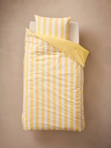 Parure housse de couette + taie d'oreiller essentiels enfant avec coton recyclé TRANSAT rayé jaune+rayé rose+rayé vert 