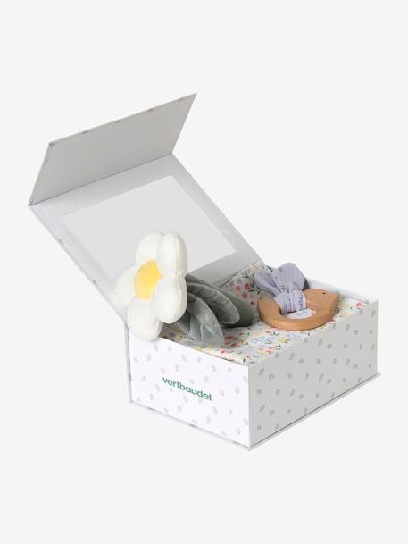 Baby Geschenk-Set: Schmusetuch, Rassel & Stoffbuch mit Geschenkverpackung gelb+TANZANIE+Zauberwald 