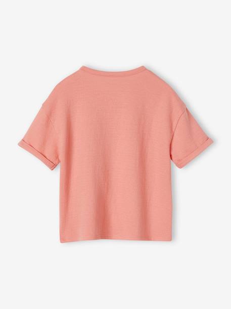 Tee-shirt maille reliéfée imprimé fille corail+jaune pastel 