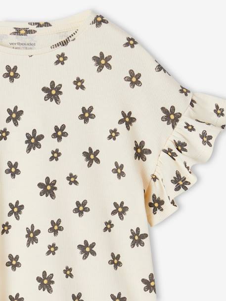 Tee-shirt en côtes imprimé fleurs fille beige+blanc imprimé 