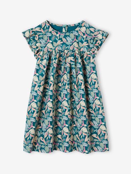 Robe imprimée fille manches courtes à volants écru+rose pâle+vert sapin 