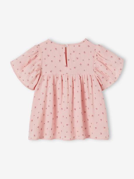 Blouse imprimée en gaze de coton bio fille manches papillon écru+rose 