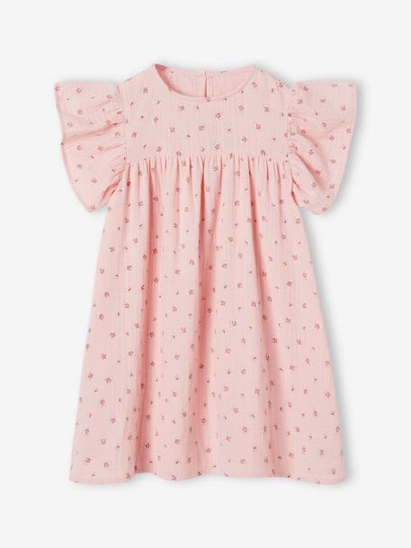 Kurzärmeliges Mädchen Kleid ecru+rosa 
