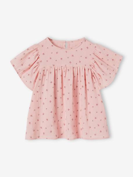 Mädchen Bluse mit Schmetterlingsärmeln, Bio-Baumwolle rosa+wollweiß 